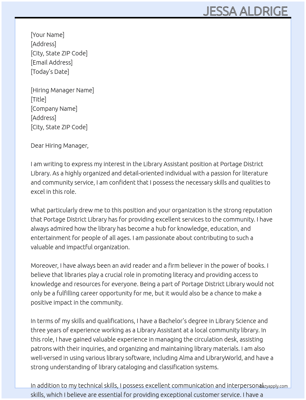 Library Assistant  At Portage District Library  Cover Letter