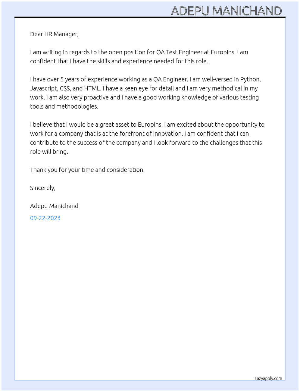 QA Test Engineer  At Europins Cover Letter