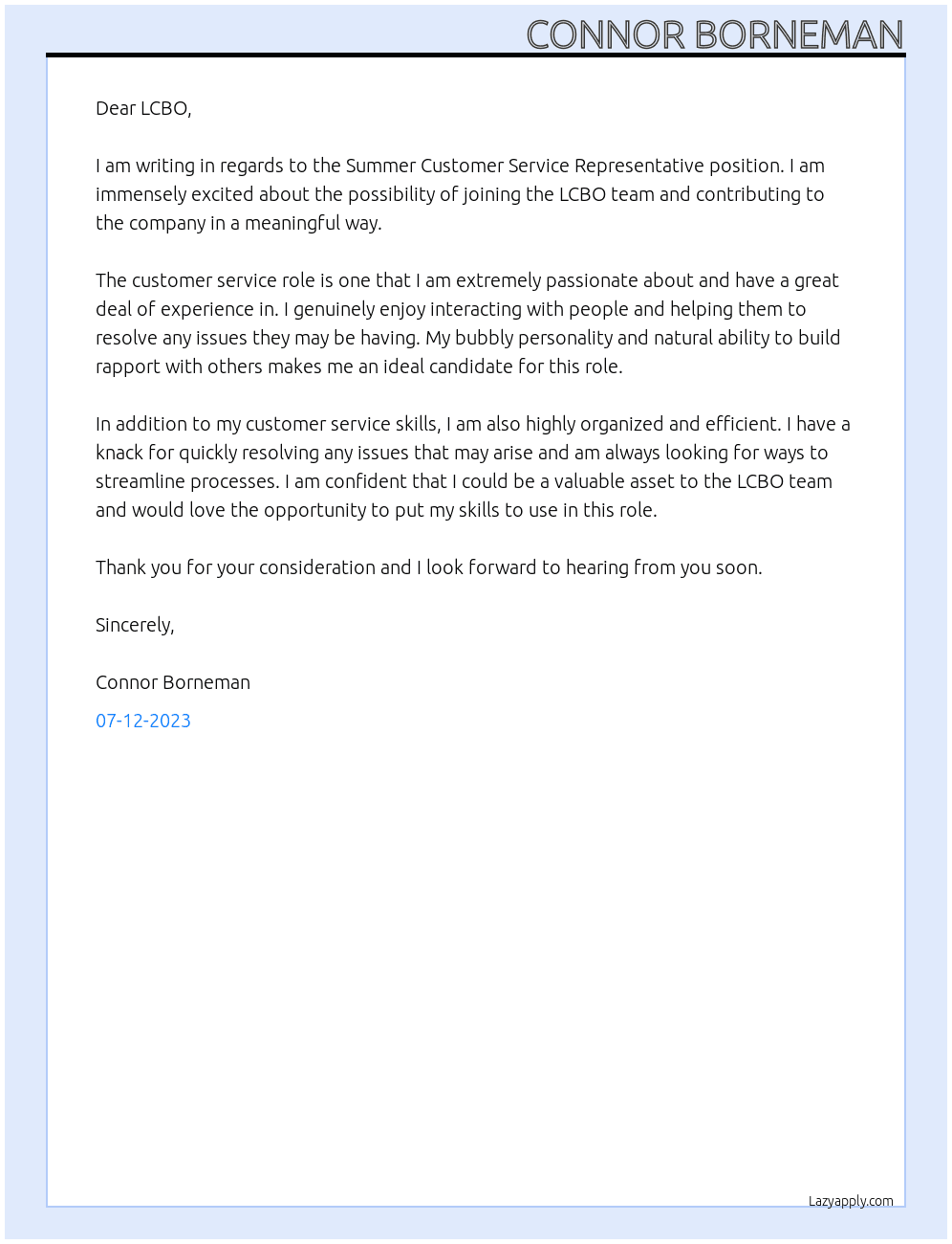 Summer Customer Service Representative At LCBO Cover Letter