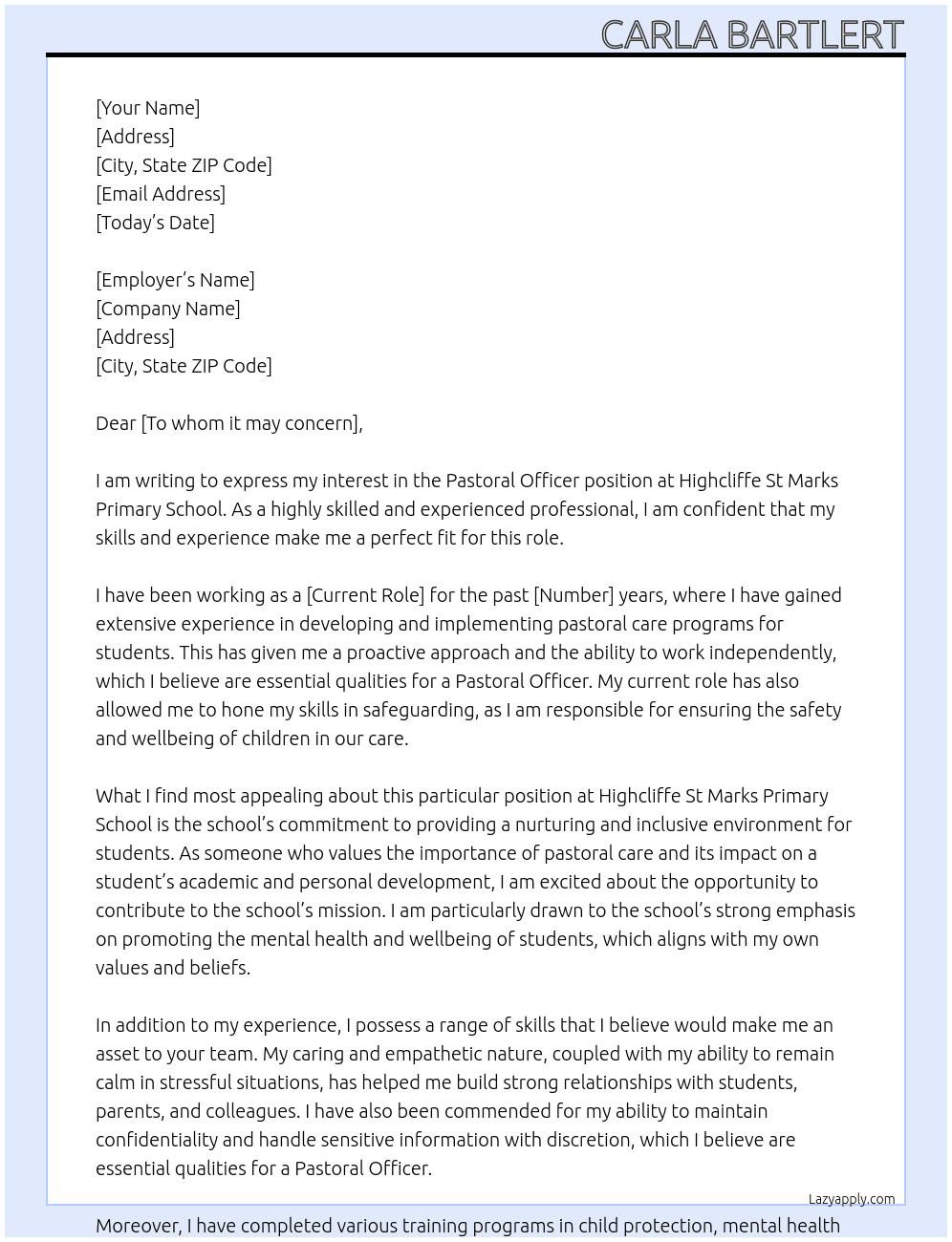 Pastoral Officer At Highcliffe St Marks Primary School Cover Letter