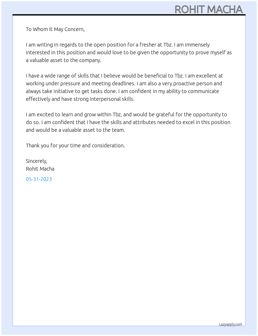 Fresher  At Tbz Cover Letter