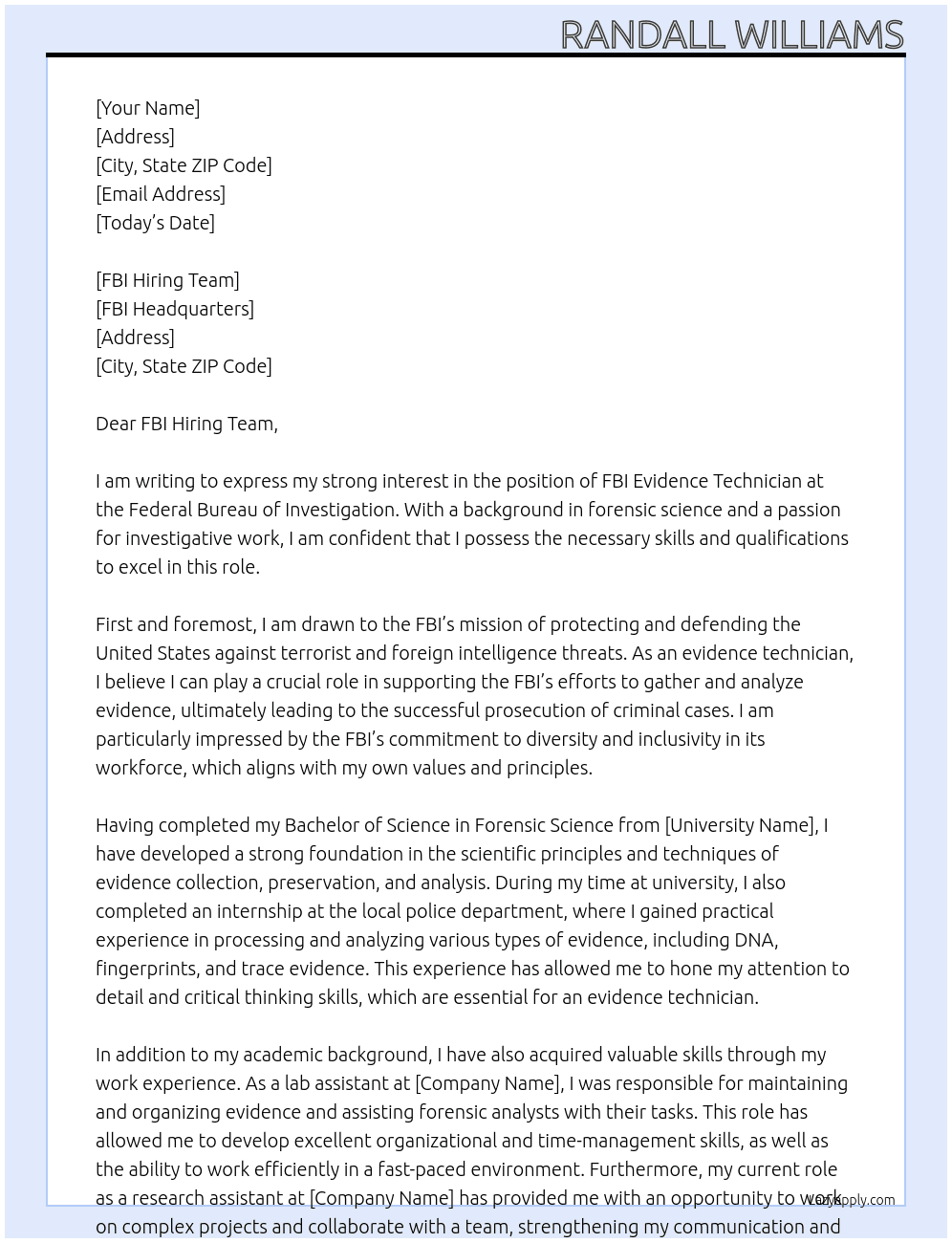 FBI Evidence technician  At FBI Cover Letter