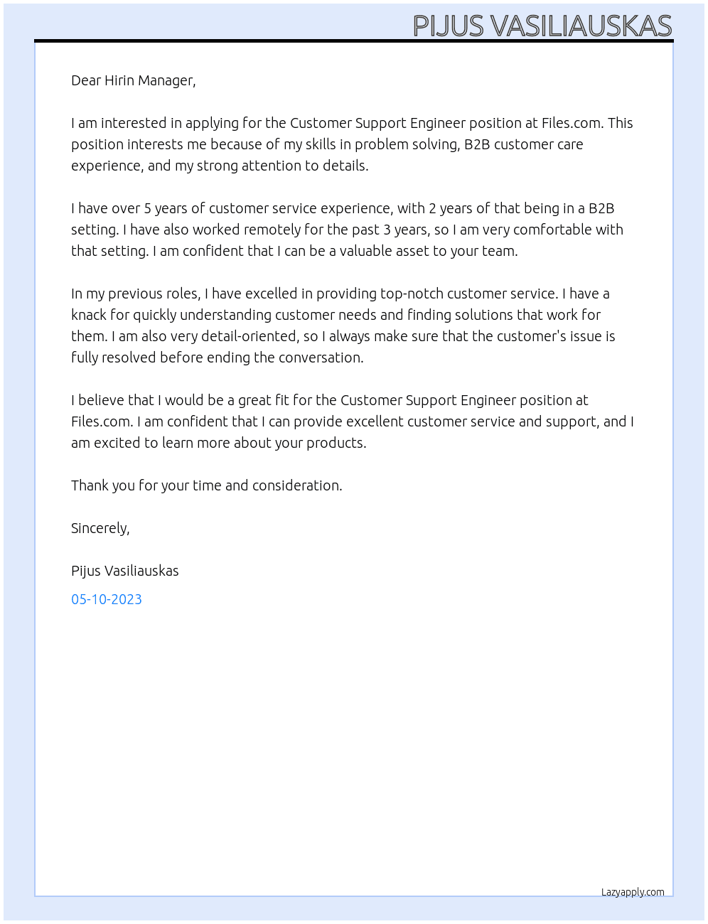 Customer Support Engineer At Files.com Cover Letter