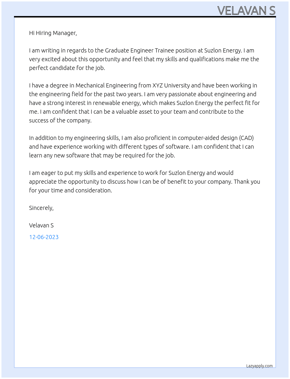 graduate engineer trainee  At suzlon energy Cover Letter