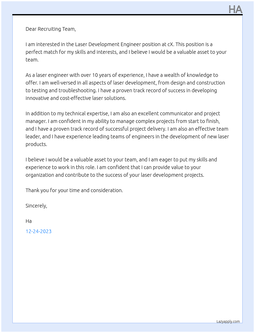 Laser Development Engineer At cX Cover Letter