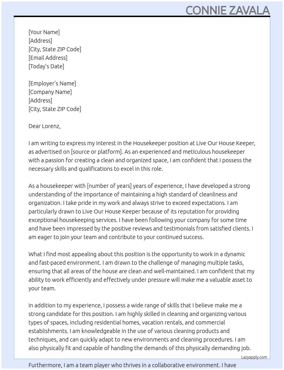 House keeper At Live our house keeper Cover Letter