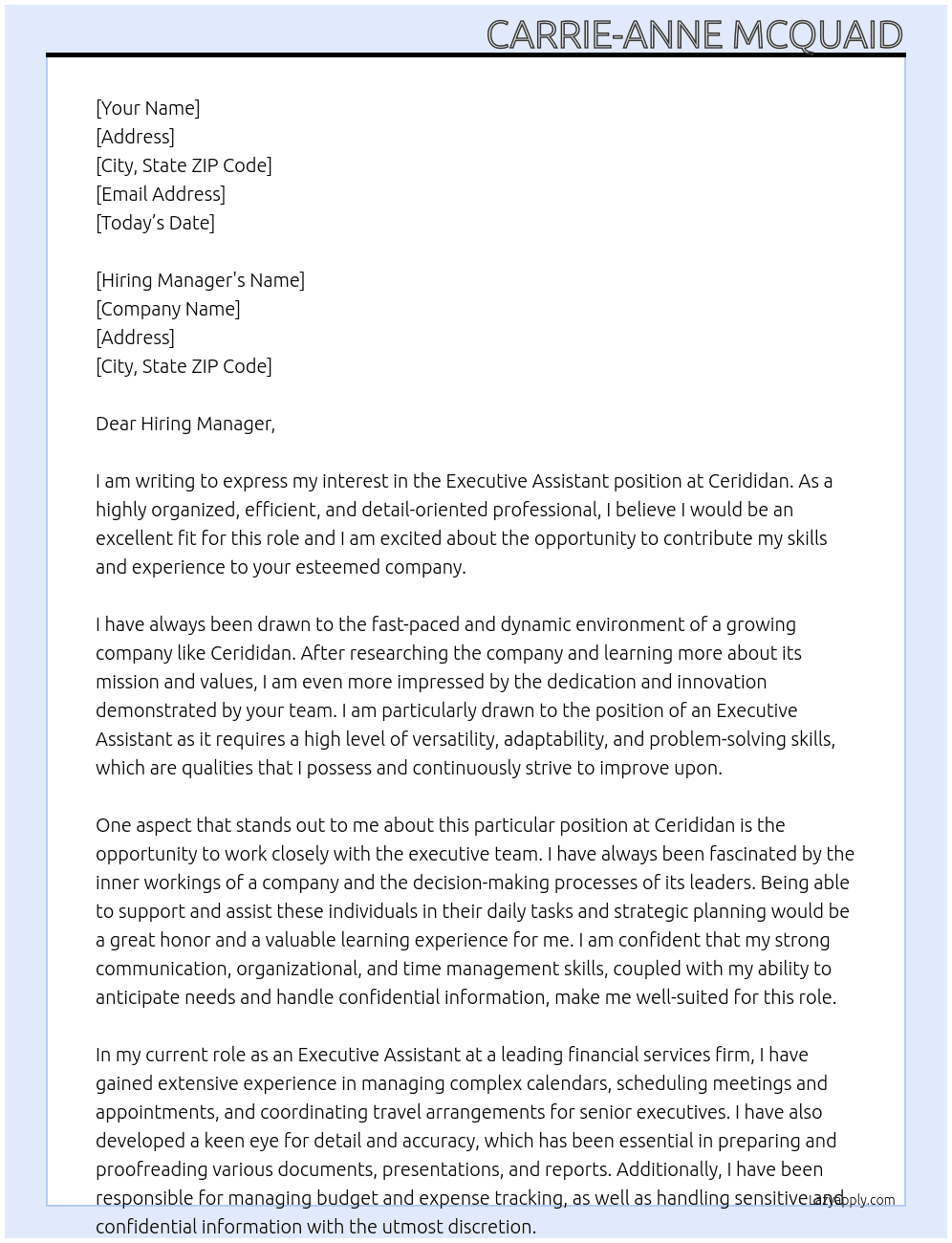 Executive Assistant At Cerididan Cover Letter