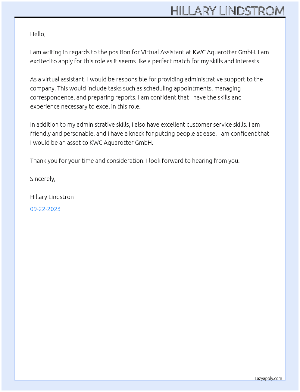 Virtual Assistant At KWC Professional Cover Letter