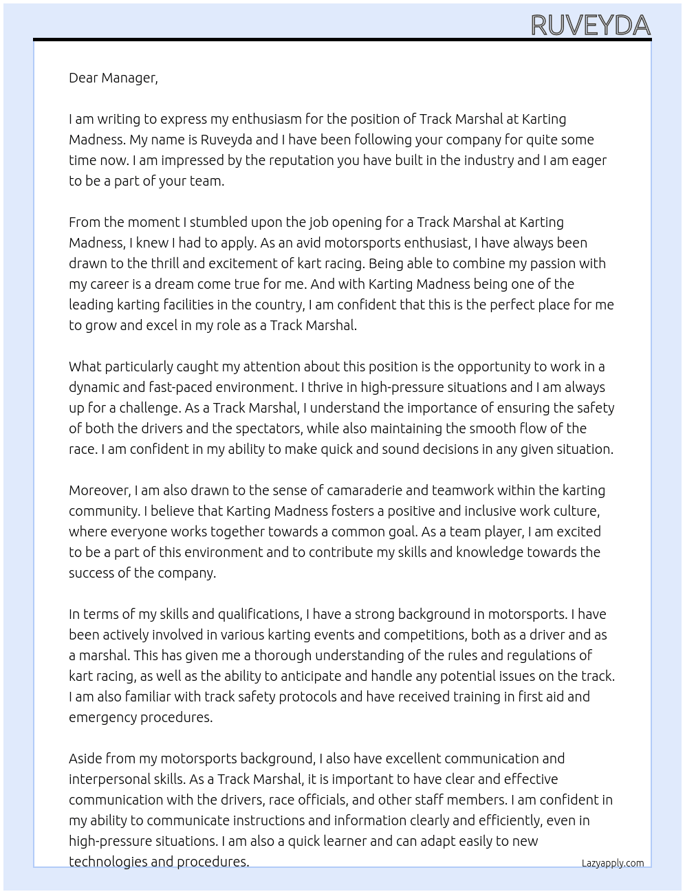 track marshal At Karting Madness Cover Letter