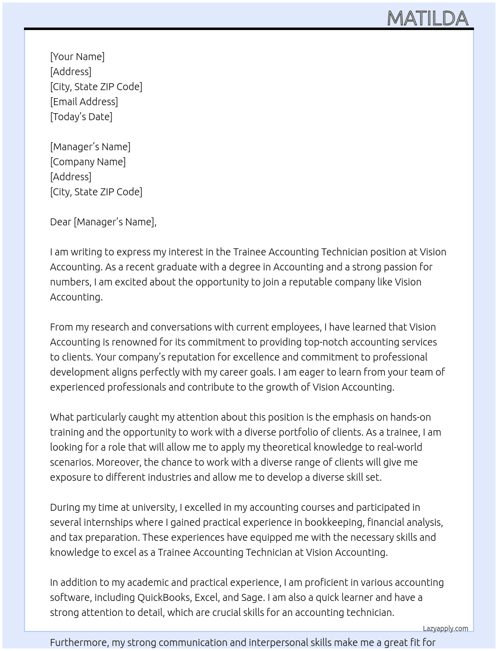 Trainee accounting technician  At Vision accounting  Cover Letter