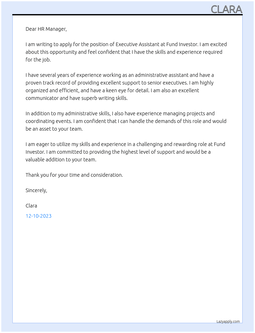 Executive assistant At fund investor Cover Letter