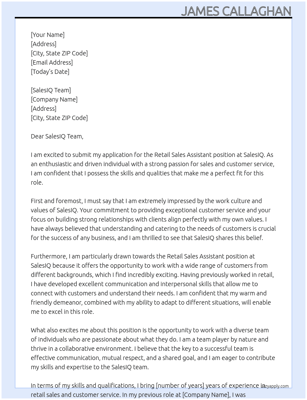 Retail Sales Assistant At salesIQ Cover Letter