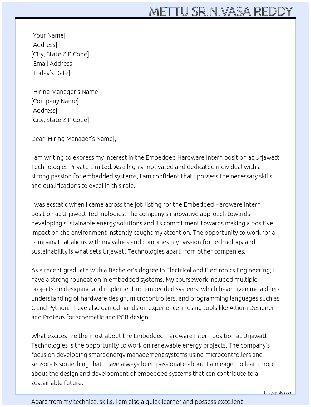 Embedded hardware intern  At Urjawatt technologies private limited  Cover Letter