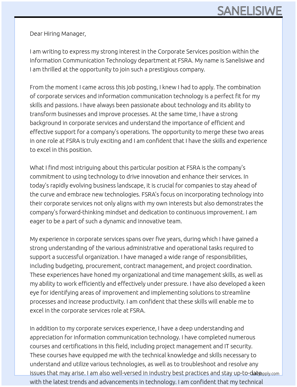 corporate services, Information communication technology At FSRA Cover Letter
