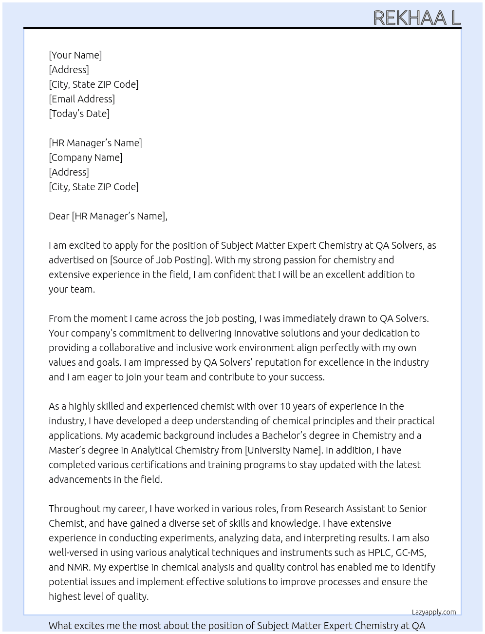 Subject matter expert chemistry  At QA solvers  Cover Letter