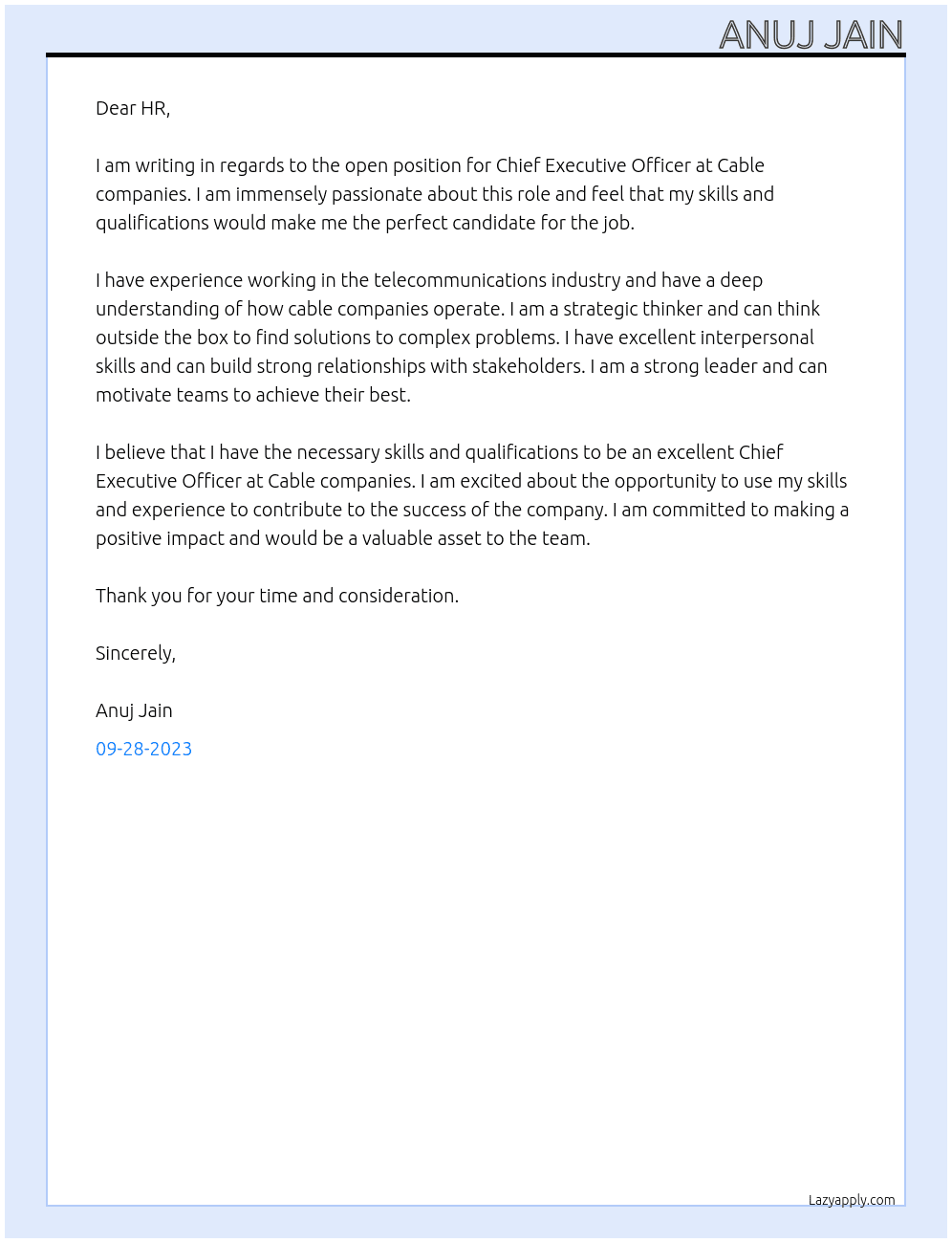 Chief Executive officer  At Cable companies Cover Letter