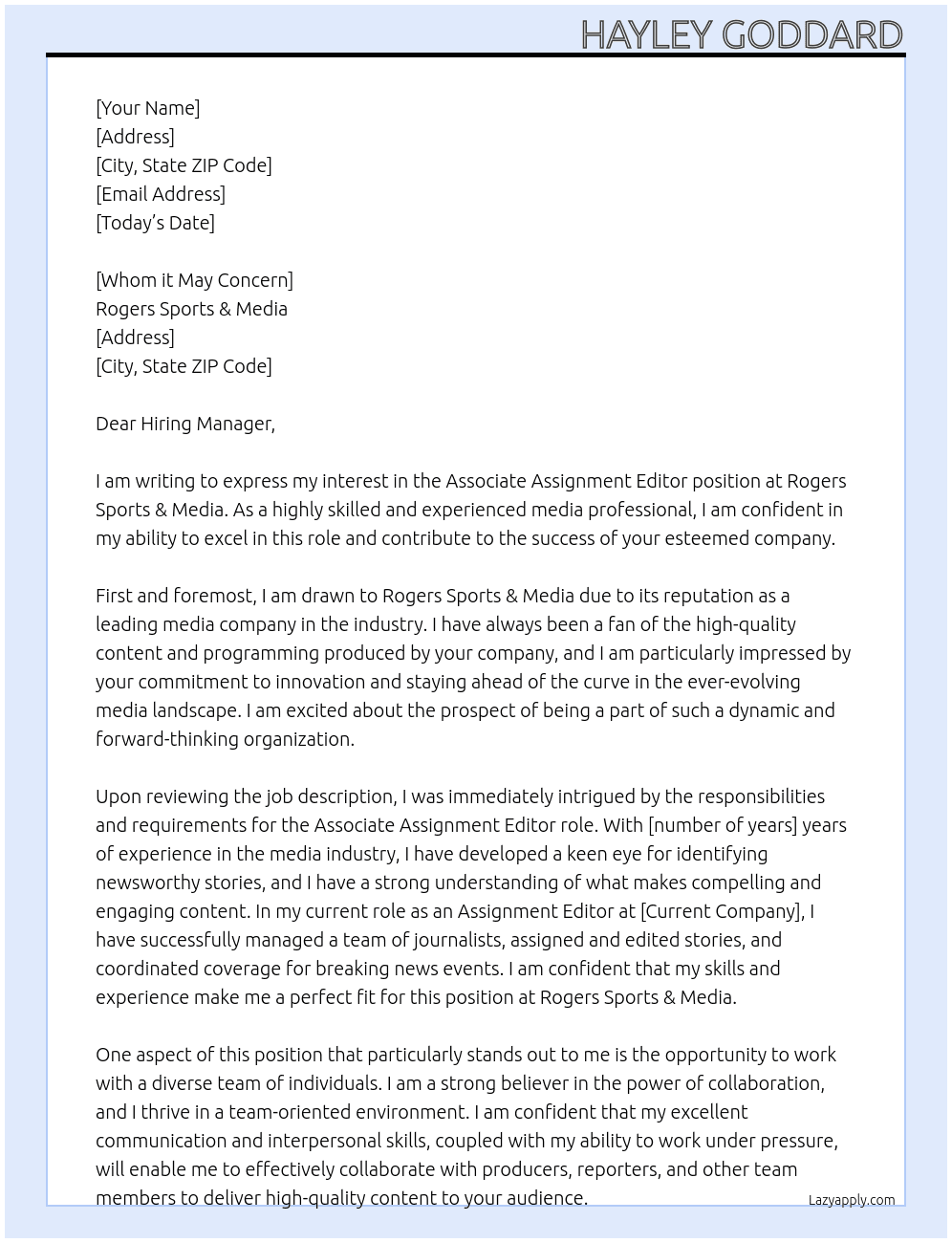 Associate Assignment Editor At Rogers Sports & Media Cover Letter