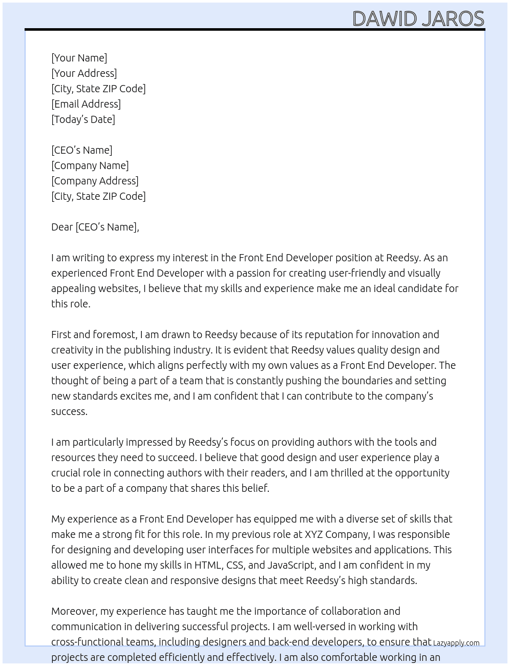 Front End Developer At Reedsy Cover Letter