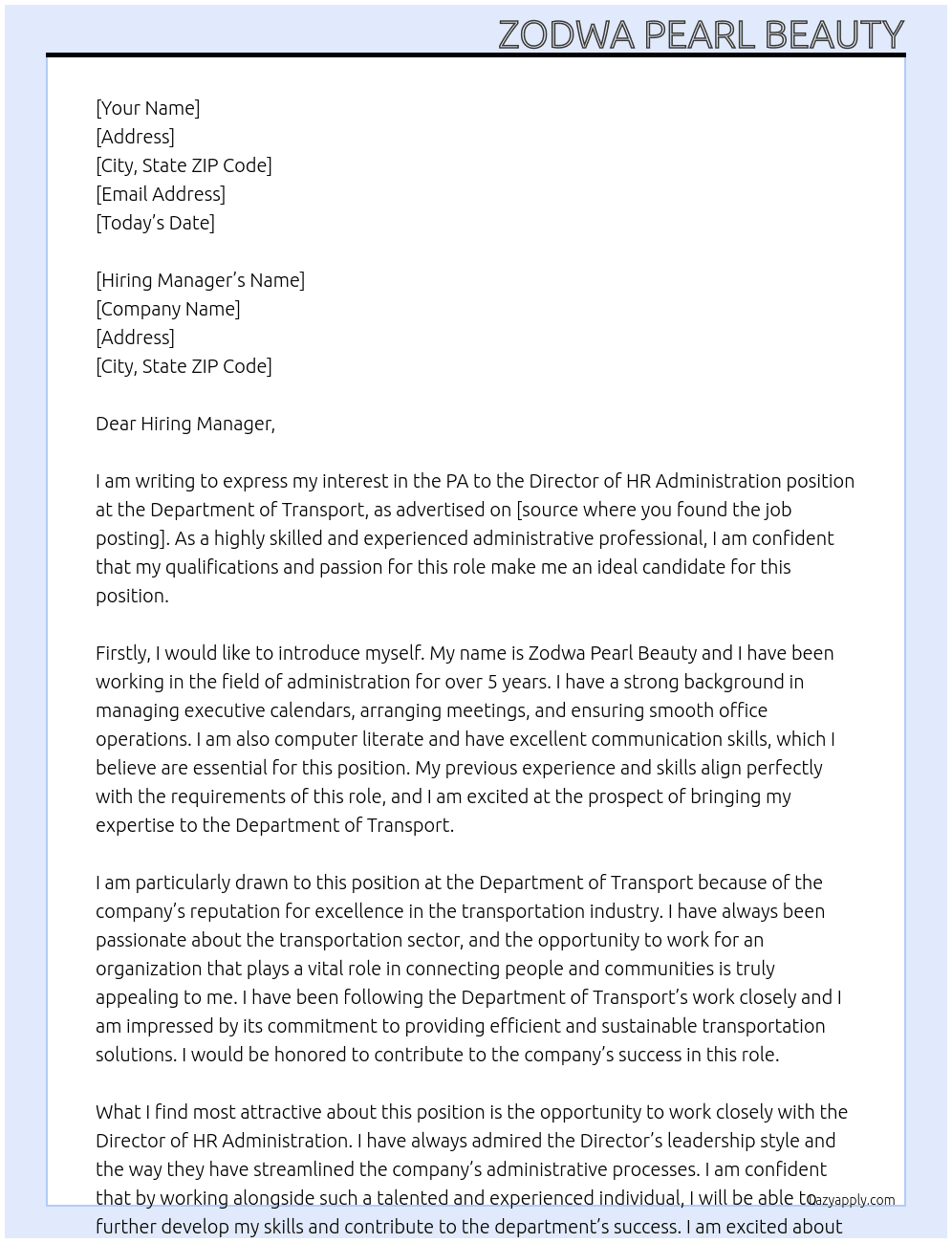 PA to the DIRECTOR HR Administration At Department of Transport Cover Letter