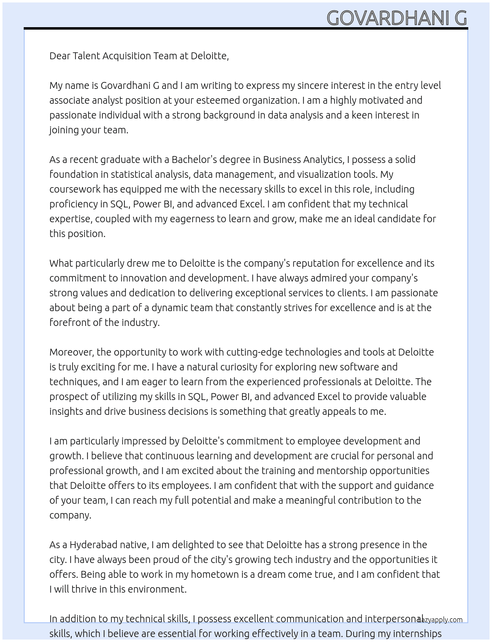  entry level associate analyst At delloit Cover Letter