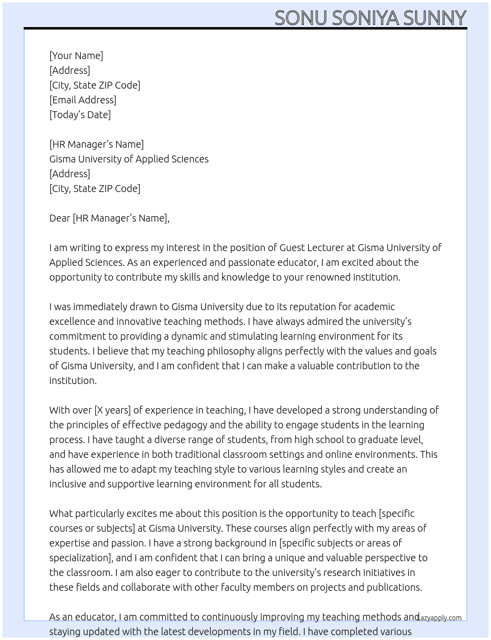guest lecturer At Gisma University of Applied Sciences Cover Letter