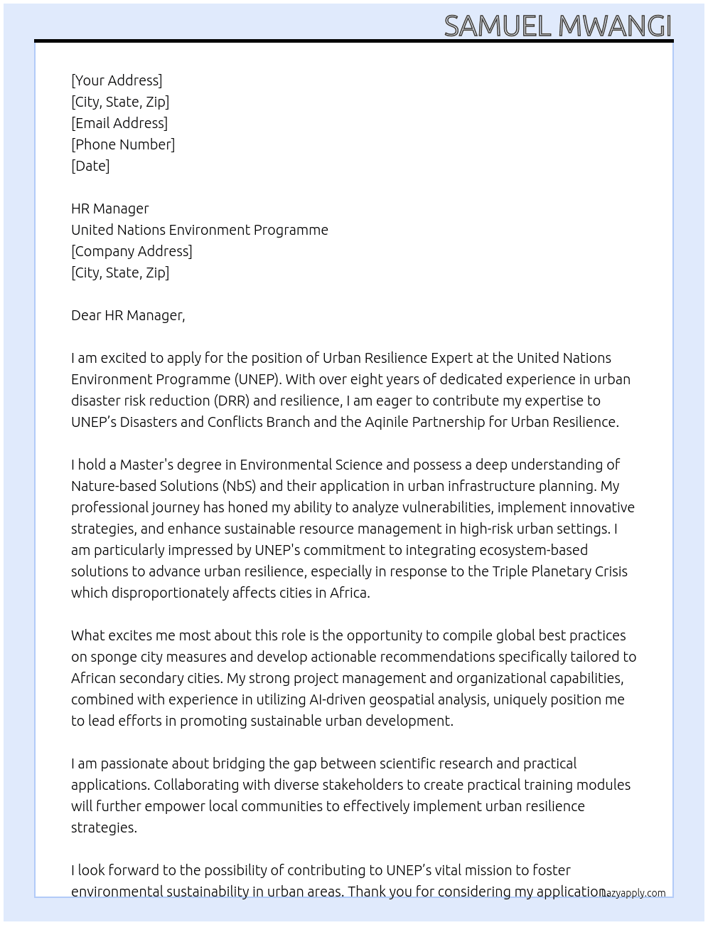 Urban Resilience Expert  At United Nations Environment Programme Cover Letter