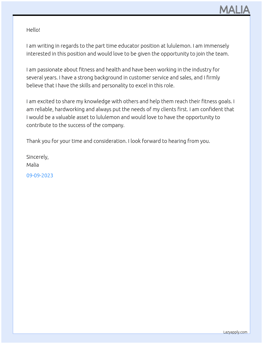 part time educator  At lululemon Cover Letter