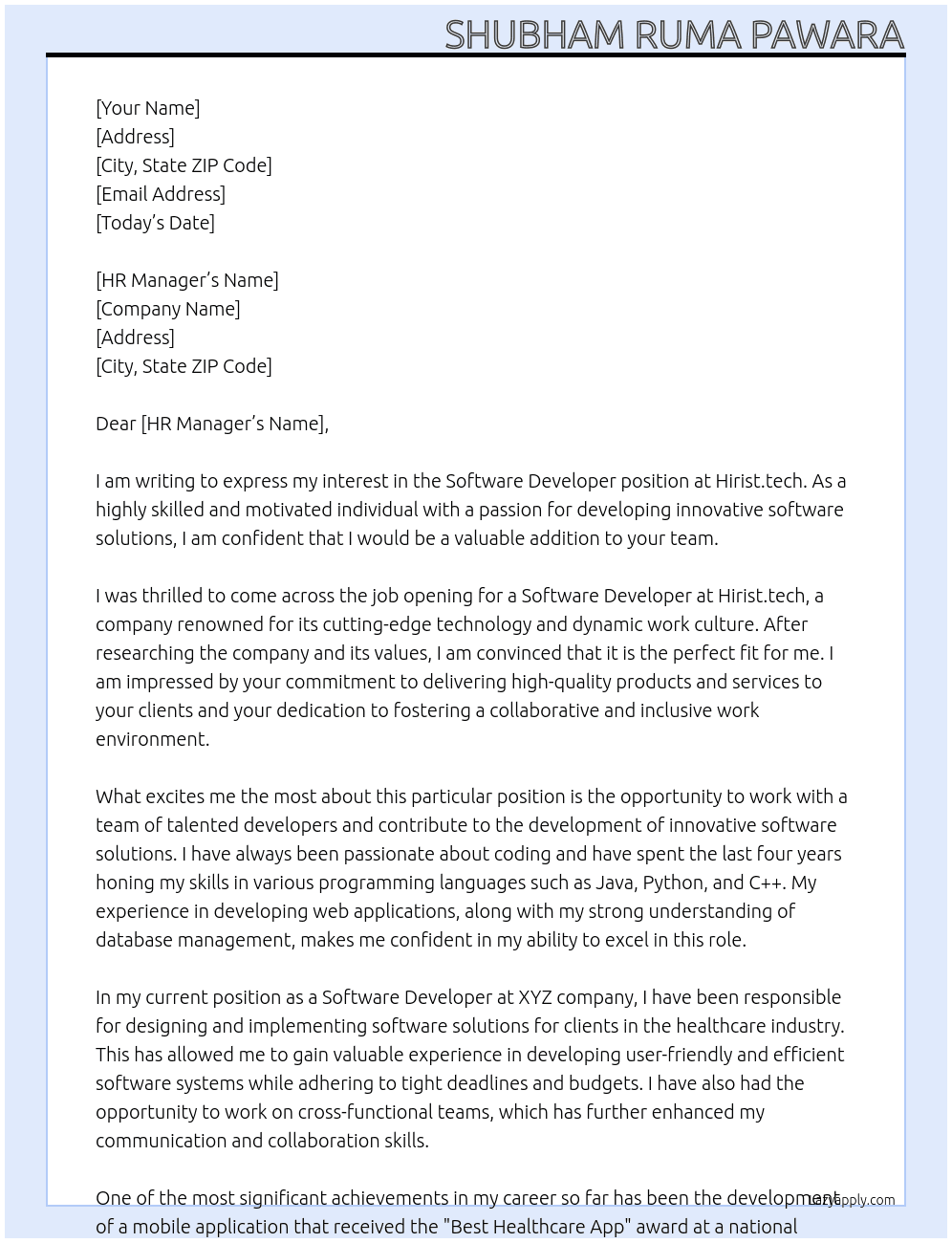 Software Developer At Hirist.tech Cover Letter