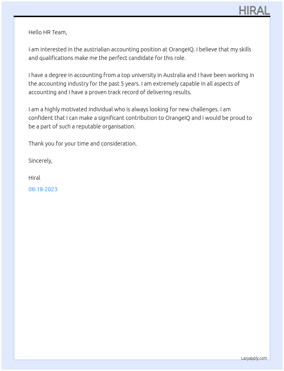 austrialian accounting  At OrangeIQ Cover Letter