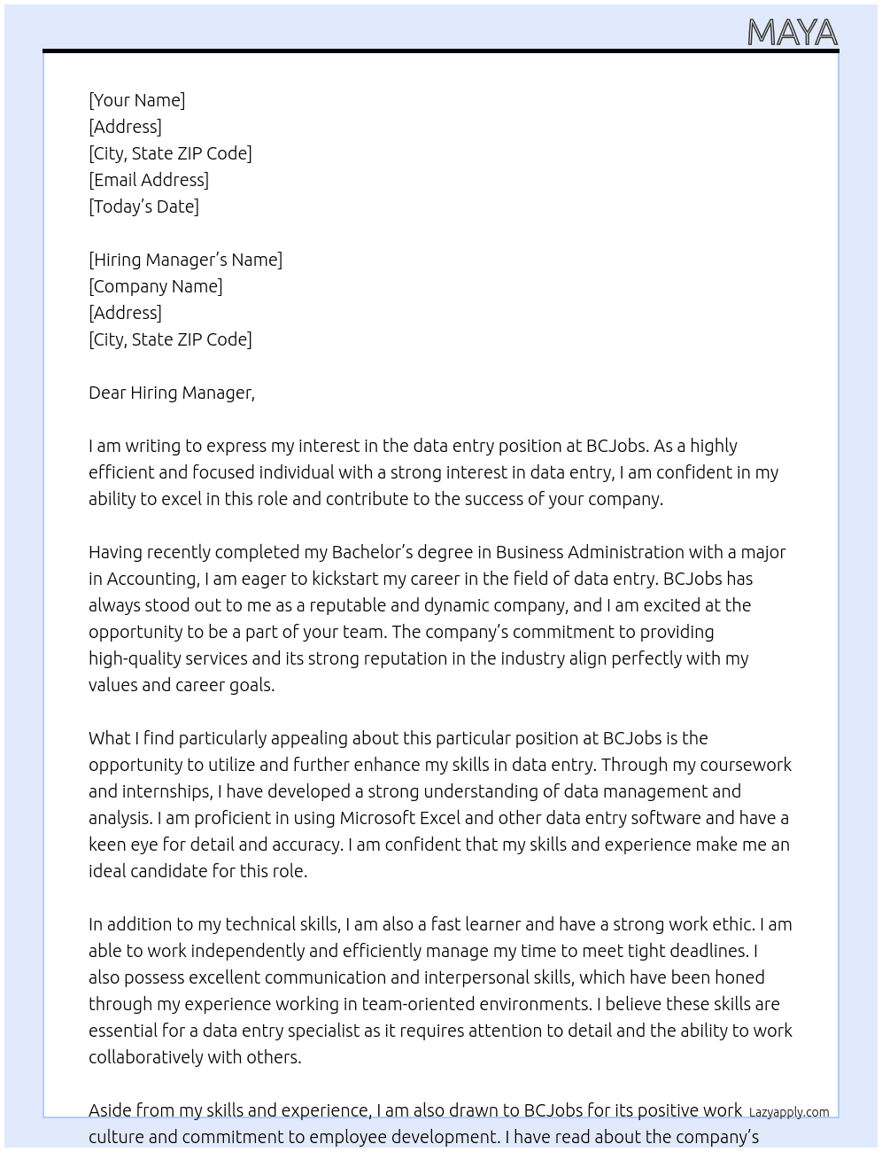 data entry At BCJobs Cover Letter