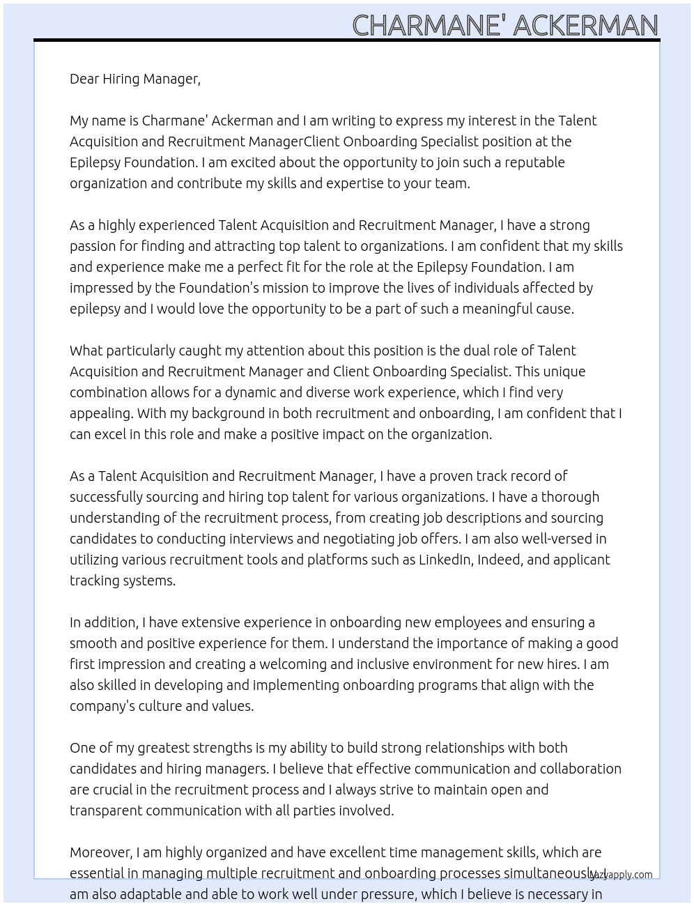 Talent Acquisition and Recruitment ManagerClient Onboarding Specialist At Epilepsy Foundation Cover Letter