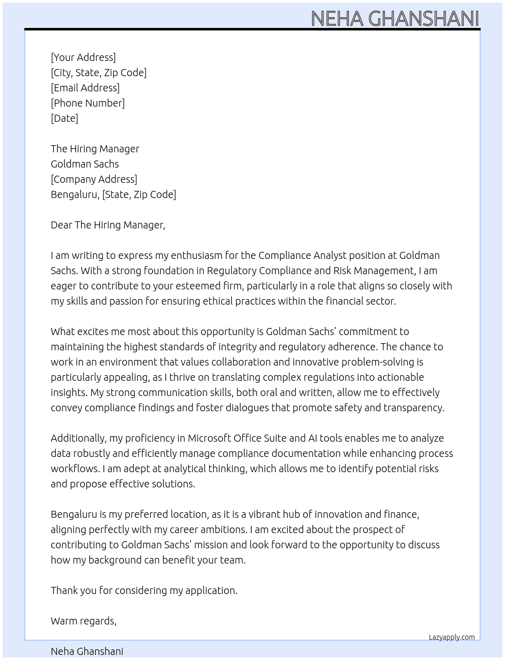 Cover letter for compliance -analyst - LazyApply