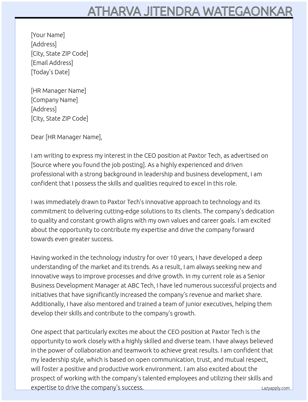 CEO At Paxtor Tech Cover Letter