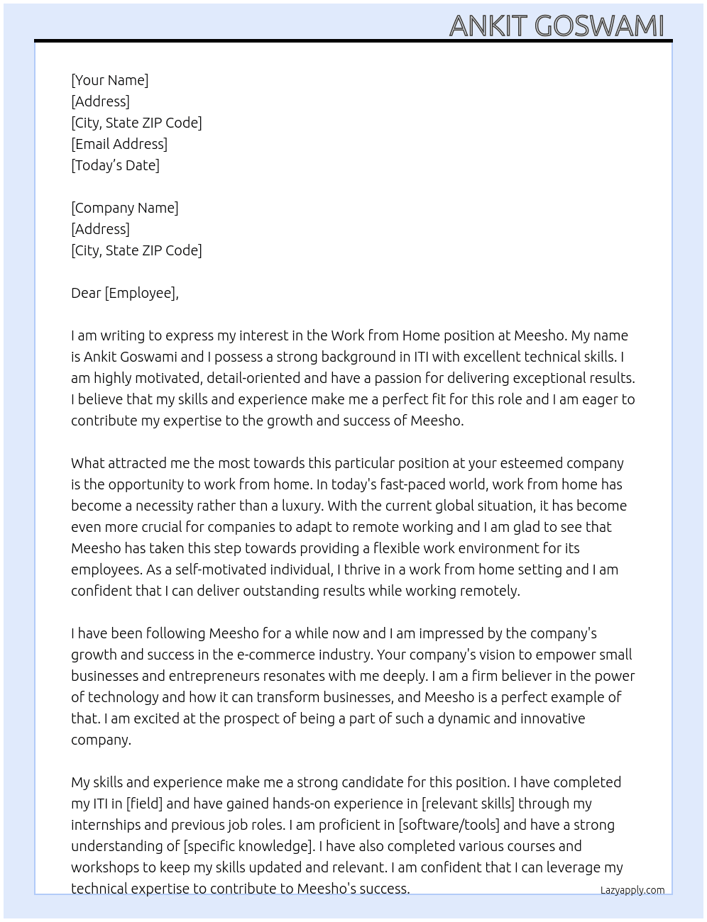 Work from home  At Meesho Cover Letter