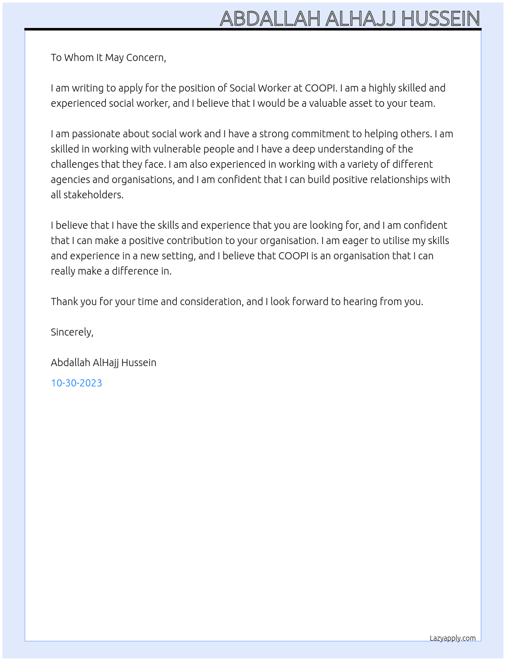 Social worker At COOPI Cover Letter
