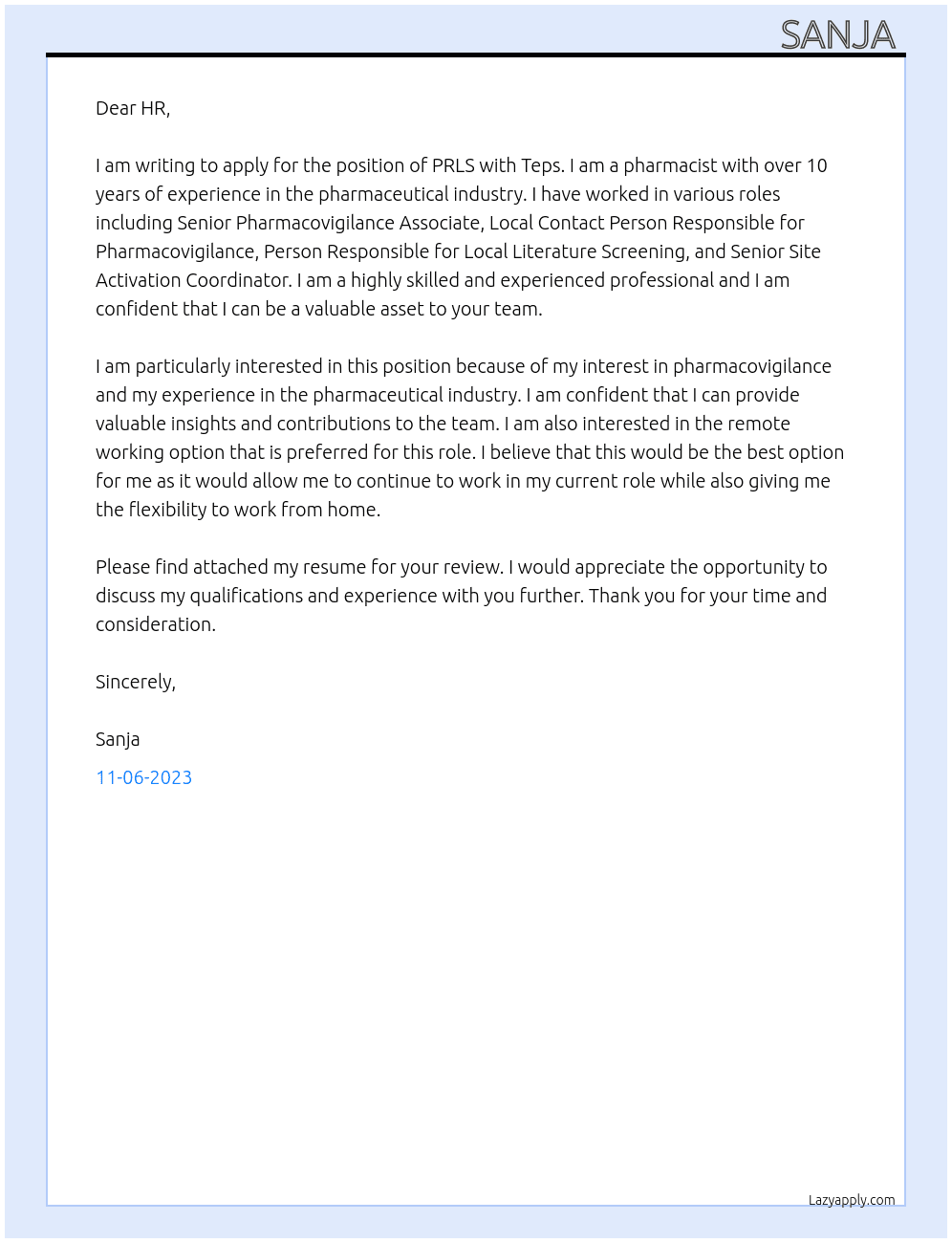 PRLS At Teps Cover Letter