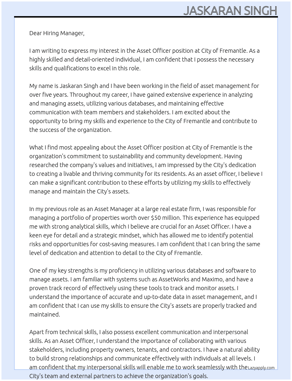 Asset Officer At City of Fremantle Cover Letter