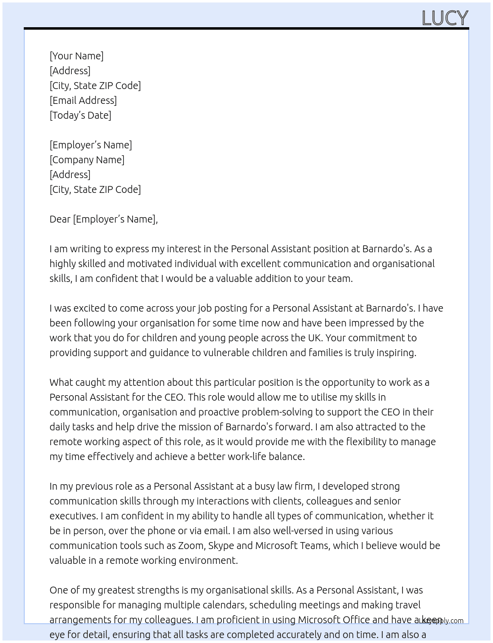 Personal Assistant At Barnardo's Cover Letter