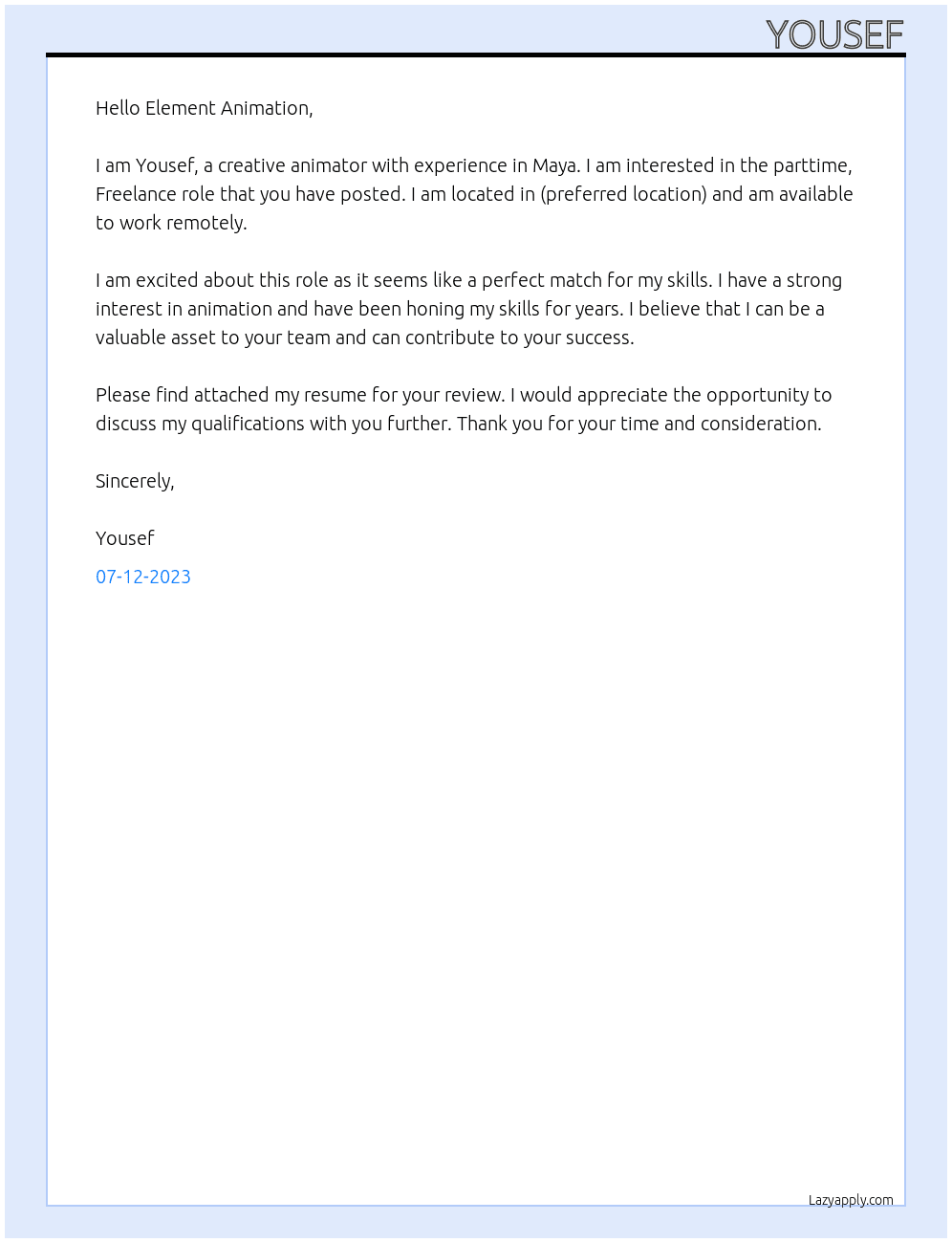 animator At Element Animation Cover Letter