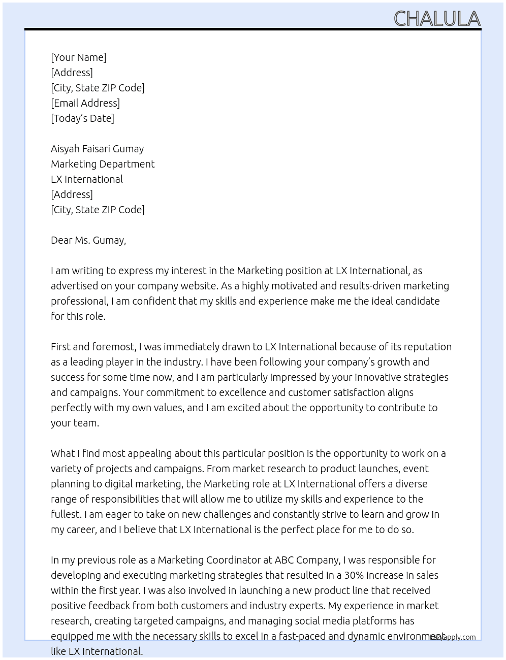 Marketing At LX International Cover Letter