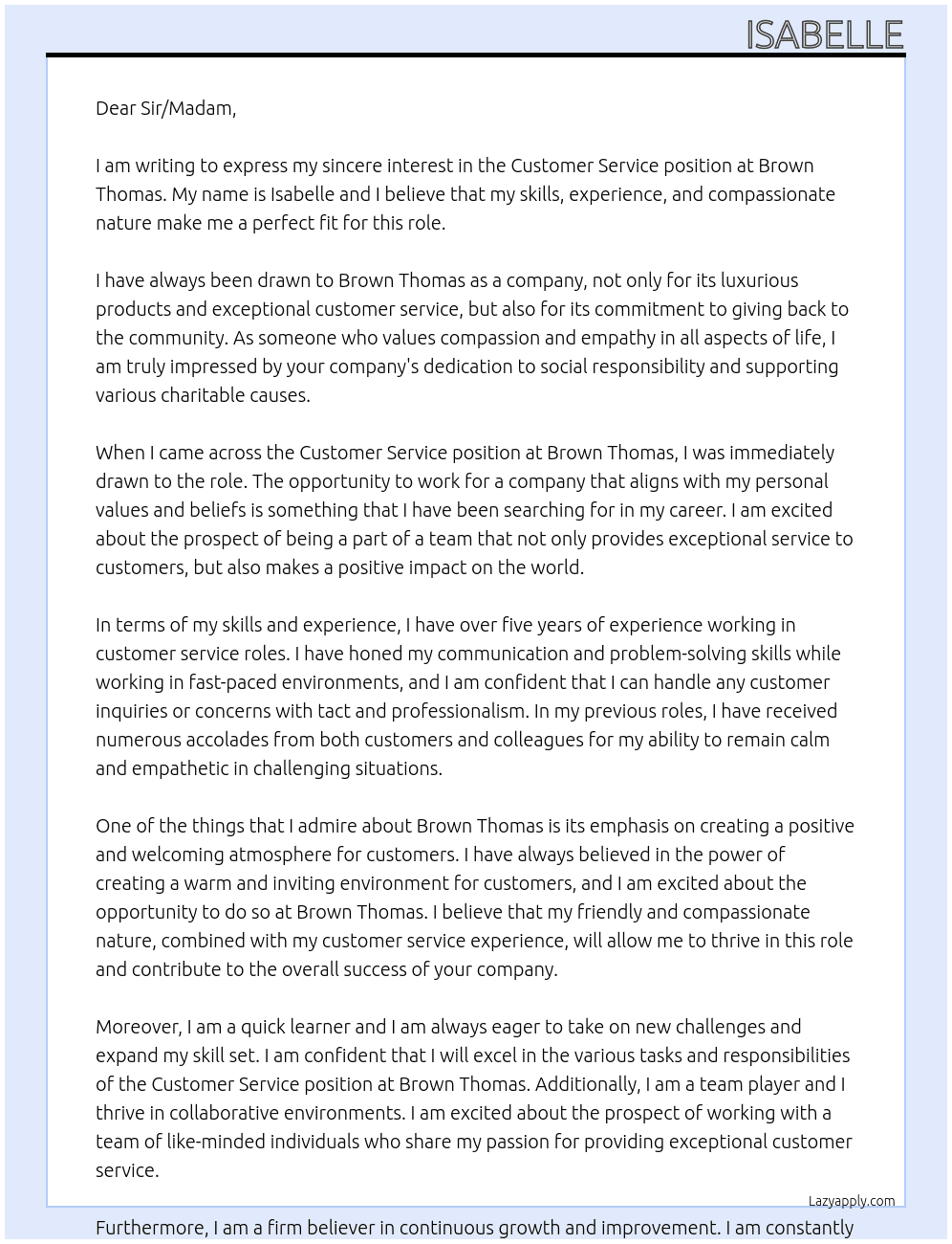 Customer service At Brown Thomas  Cover Letter