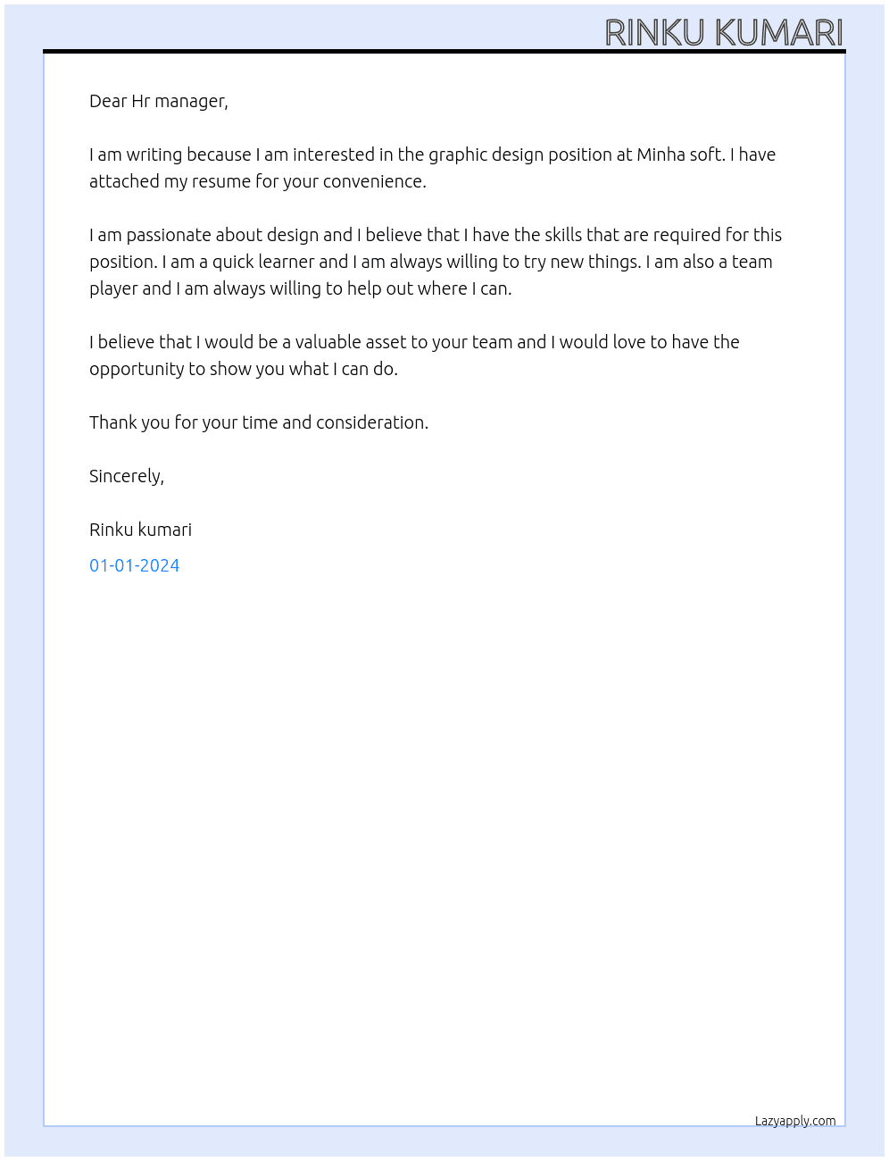 Graphic design At Minha soft Cover Letter