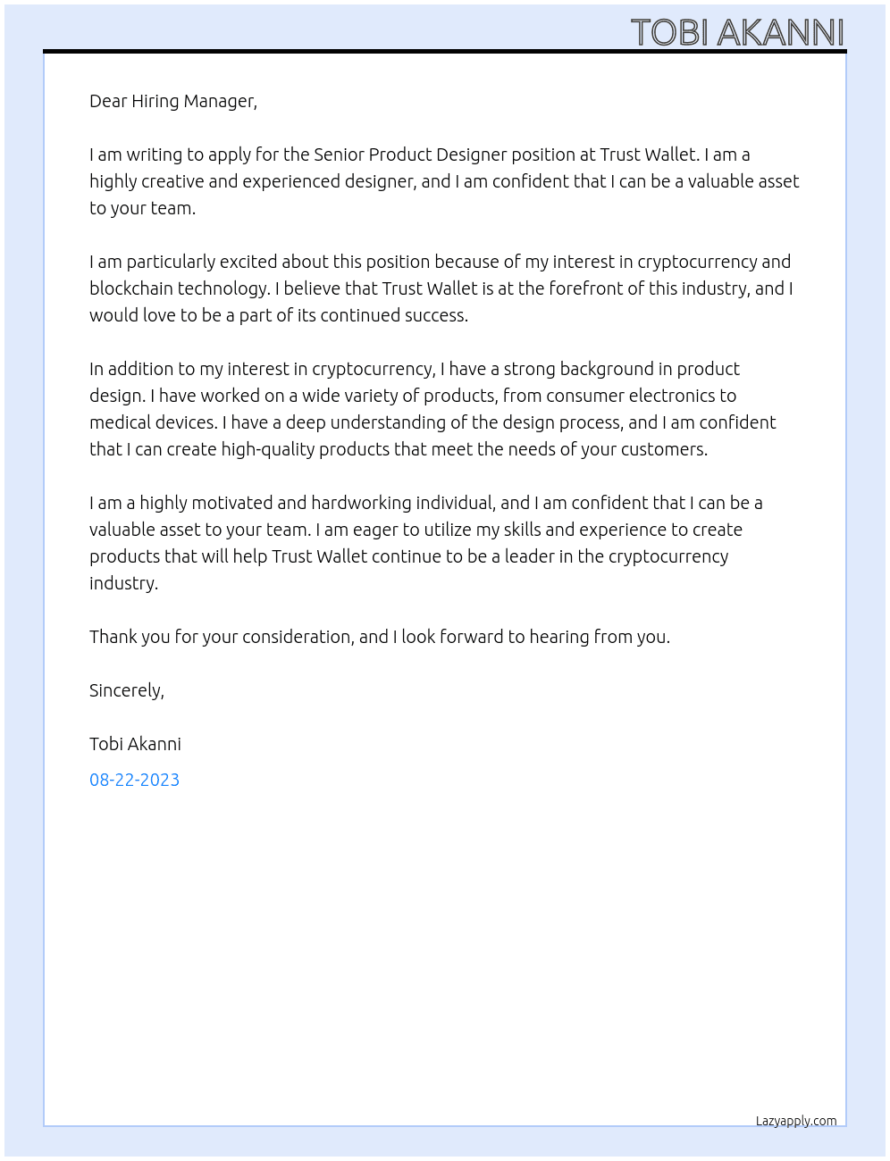 Senior product designer At Trust Wallet Cover Letter