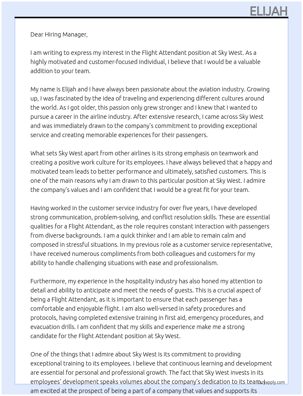 Flight Attendant At Sky West Cover Letter