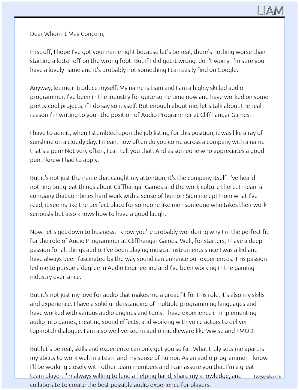 Audio programmer At Cliffhangar Games Cover Letter