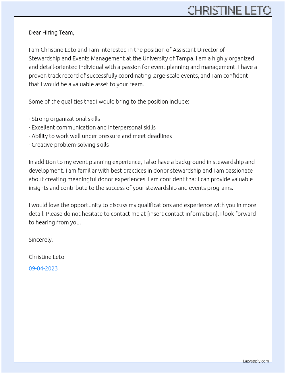 Assistant Director of Stewardship and Events Management At University of Tampa Cover Letter