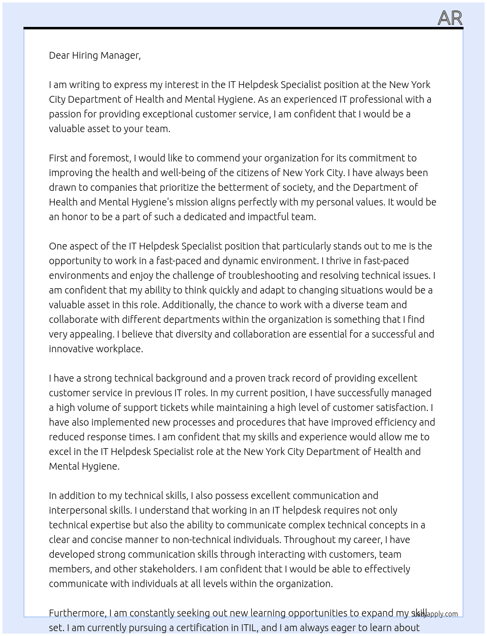 Cover letter for it helpdesk specialist - LazyApply