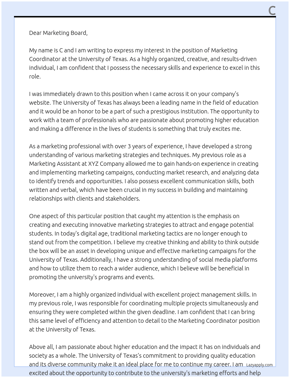 Marketing Coordinator At University of Texas Cover Letter