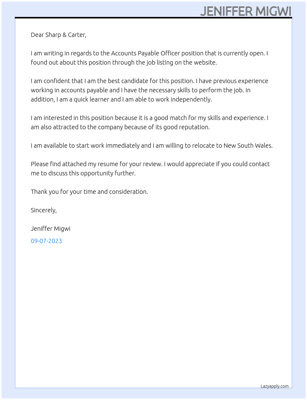 Accounts Payable officer At Sharp & Carter Cover Letter