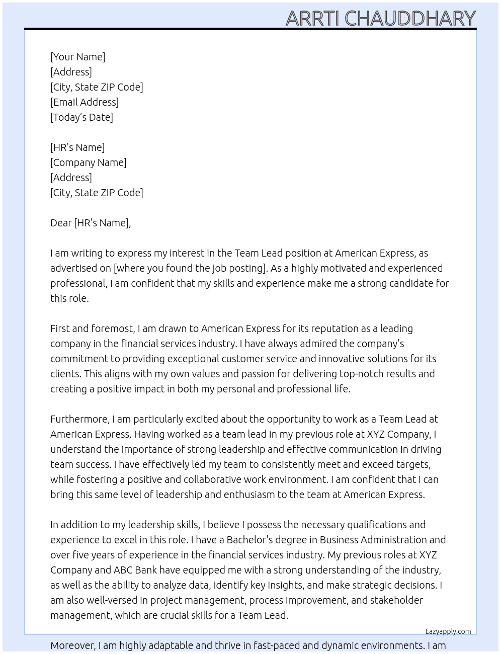 Team Lead At American Express  Cover Letter